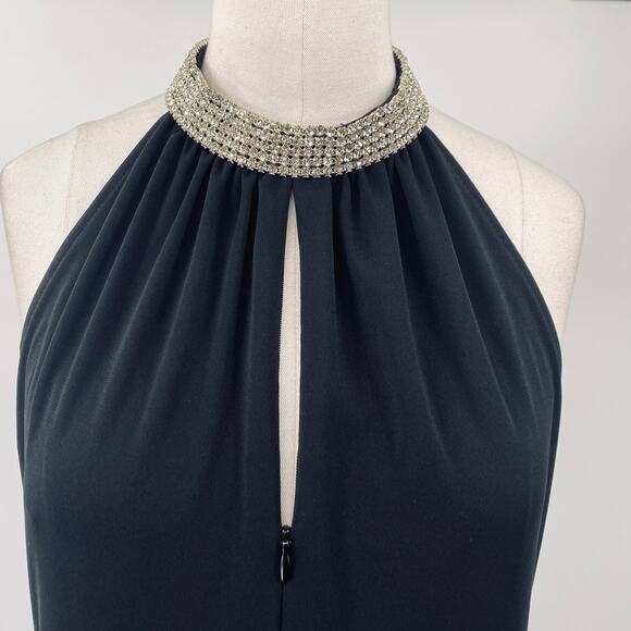 Vintage 90s Jumpsuit Embellished Rhinestone Choker Keyhole Neck Flared Leg Black - Picture 3 of 12